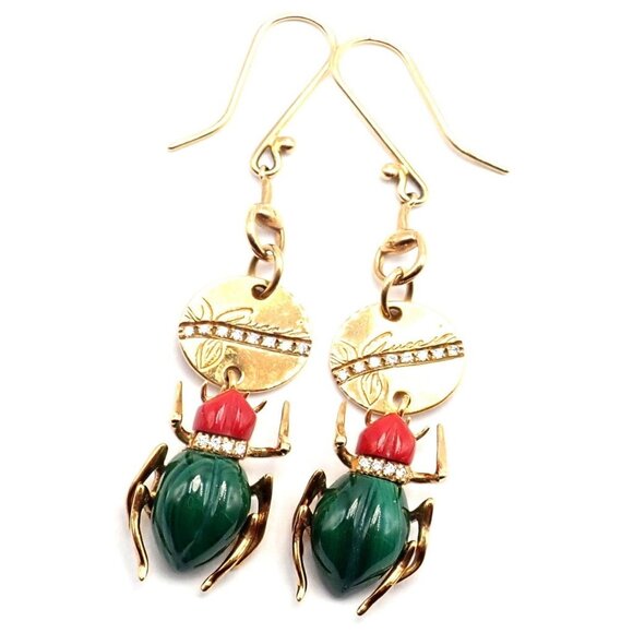 Authentic! Gucci 18k Yellow Gold Diamond Malachite Carnelian Scarab Earrings - Picture 5 of 9